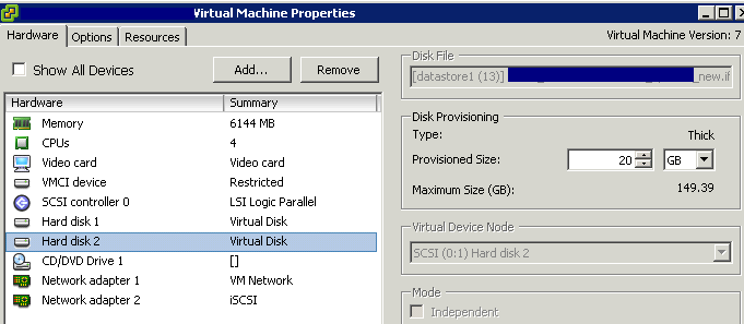 Add Disk to VM on ESX